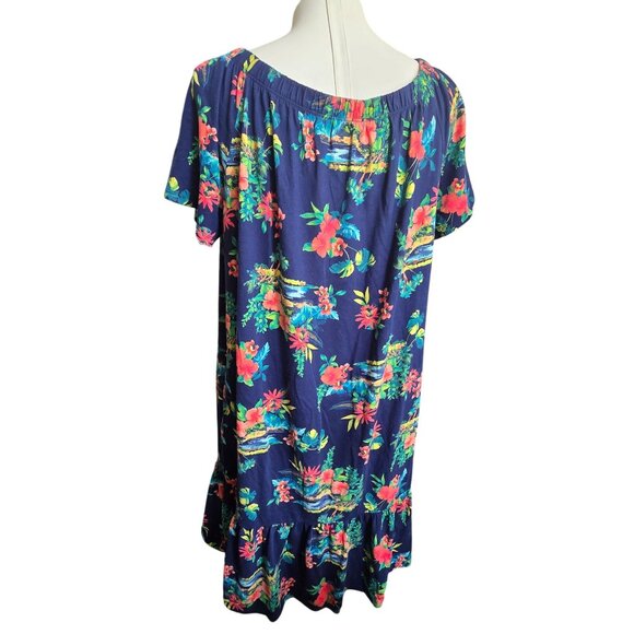 Lands End Hawaiian Floral Off-Shoulder Navy Dress With Ruffle Size XL 18 CM2012 - Picture 4 of 10